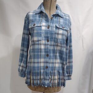 INNER CIRCLE SHIRT FLEECE BLUE WHITE BROWN PLAID FRONT BUTTON FRINGE HEM SIZE S